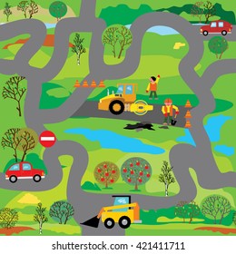 Cars on the road. Vector seamless pattern, or play mat, or educational maze for children (Help loader to find way to road repair)