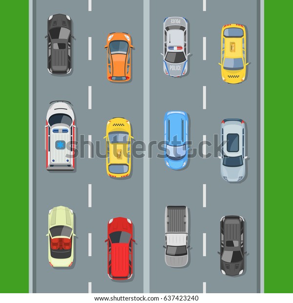 Cars on\
the road view from above vector illustration. Concept of highway\
traffic of cars along the road with markings.\

