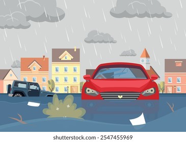 Carros na estrada na água e na chuva. Inundações na cidade. Situação de emergência.