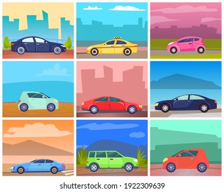 Cars on roads of modern cities or rural areas vector, set of transportation. Oldschool minivan big vehicle, taxi cab service and eco-friendly auto. Automobile by seaside illustration card or stikers