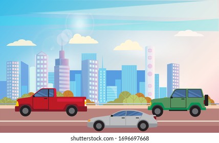 Cars on street vector, road with transportation of city. Cityscape with high buildings and skyscrapers, downtown vehicles with transports megapolis illustration in flat style design for web, print