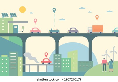 Cars on the urban overpass. Cars running with friendly energy. flat design style minimal vector illustration.
