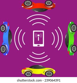 cars on the Wi-Fi control via smartphone, vector, 10 EPS