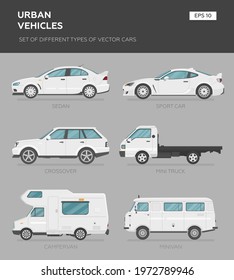 Cars over grey background, vector illustration. Collection car set - sedan, van, truck, suv, sport car, camper van