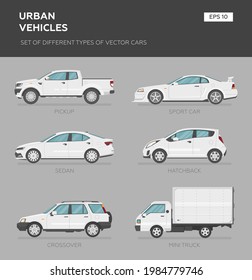 Coches sobre fondo gris, ilustración vectorial. Juego de coches de colección - sedan, van, camión, suv, coche deportivo, furgoneta de camper