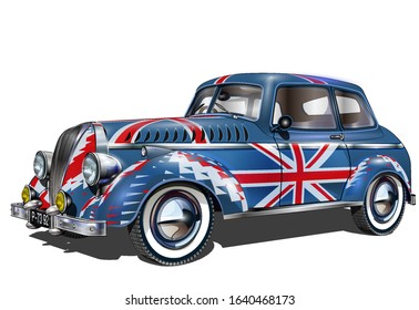 Cars painted up as British flags isolated on white background. 