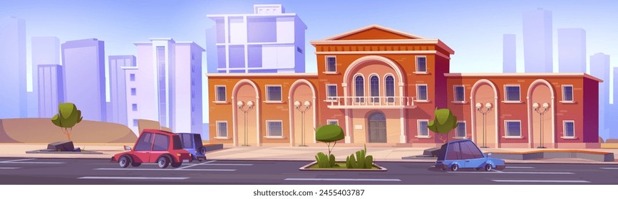 Cars parked near administration building in city. Vector cartoon illustration of classic style school, museum, university house, autos on road, modern cityscape silhouettes on blue sky background