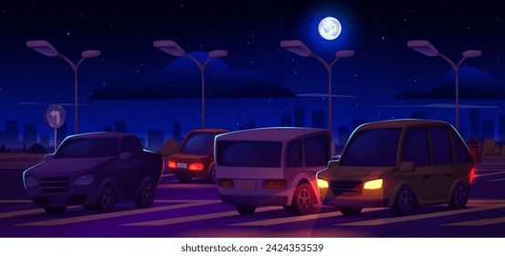 Cars parked in public city parking lot at night. Cartoon vector dark dusk landscape with vehicles stand on asphalt road with signs and zone layout under moon light with town skyscrapers on background.