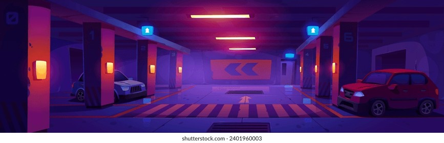 Cars parked at underground parking lot. Vector cartoon illustration of dark basement garage at night illuminated with lamps, crossing sign on ground, exit arrows showing direction, shelter for autos