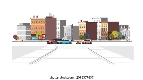 Cars Parking Along City Street Modern Cityscape Background Horizontal Flat