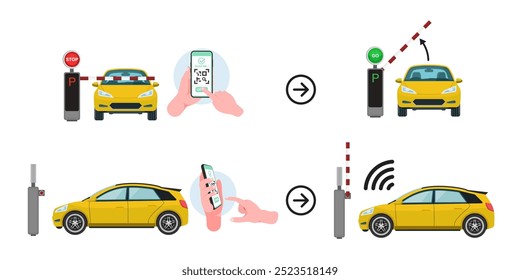 Autos auf Parkplatz Eingang: Handheld Smartphone für QR Code Scanning und Bezahlsystem mit Boom Barrier Access - Vektorgrafik.