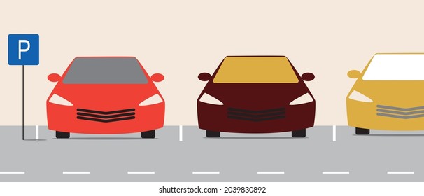 Cars in the parking lot, road sign. Flat vector stock illustration. Parking lot in the city. Place for transport. Personal transport, frontal view. Traffic rules for parking cars. Vector graphics