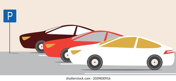 Cars in the parking lot, road sign. Flat vector stock illustration. Parking lot in the city. Place for transport. Asphalt and road markings. Traffic rules for parking cars. Vector graphics