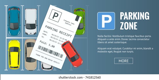 Cars in the parking lot and Parking tickets. Public car-park. Flat illustration for web. Urban transport. Large number of cars in a crowded parking.