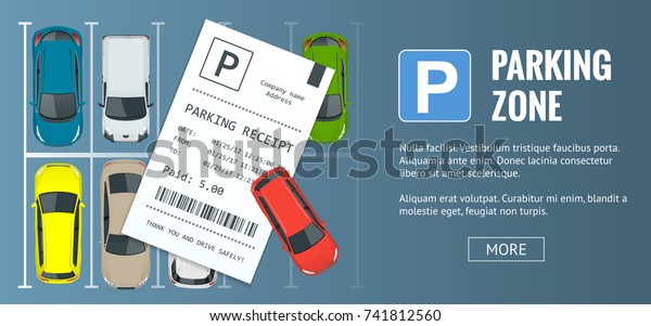 Cars in the parking lot and Parking\
tickets. Public car-park. Flat illustration for web. Urban\
transport. Large number of cars in a crowded\
parking.