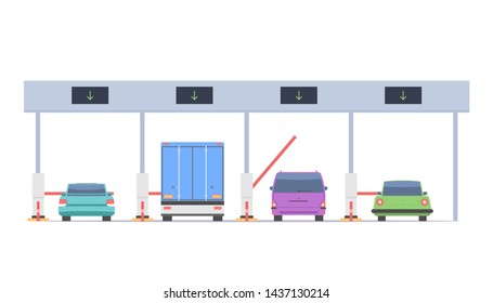 Cars pass through the checkpoint with barriers on the toll road. Vector illustration isolated on white background