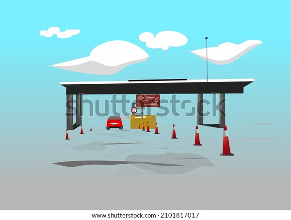 Cars pass through checkpoints to\
pay tolls on the highway. Vector illustration of\
data.