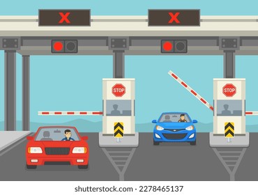 Cars passing through highway checkpoint with barriers. Front view of traffic flow. Flat vector illustration template.