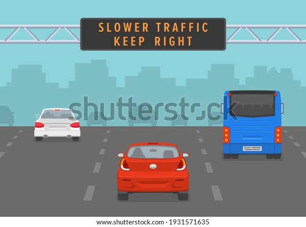Cars passing\
through led sign at highway. Slower traffic keep right road rule.\
Back view. Flat vector\
illustration.