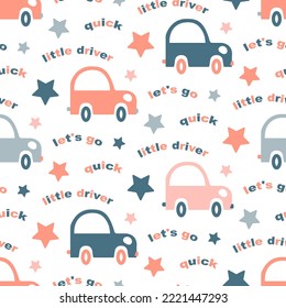 Cars pattern for adorable little girl babe. Cute pink, gray cartoon rounded vehicles on white background for delicately pale fabric children's print. Picture of vehicle for boys, girls. Flat vector.
