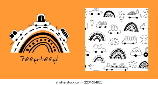Cars pattern. Baby background.  Doodle rainbow and trucks. Perfect for  wrapping paper, printing on the fabric, design package and cover for kids. Text Beep Beep. Vector