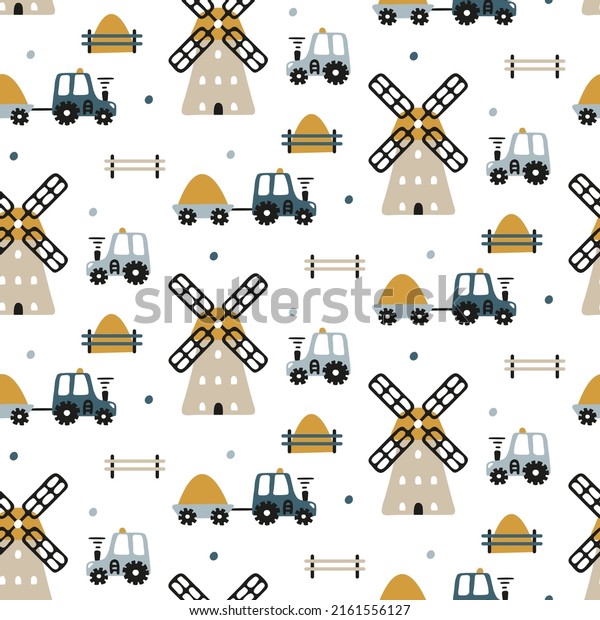 Cars pattern for baby boy. Farm tractor, straw\
trailer, windmill in hand drawn nice childish scandinavian style.\
Cute cartoon seamless ornament with transport for fabric prints,\
nursery wallpaper.