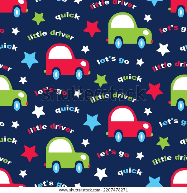 Cars pattern for baby boy. Print with
transport, funny words for seamless fabric ornament. Texture of
kids road for infant textile, dress, cover, wrapping paper. Vehicle
nursery background
wallpaper.
