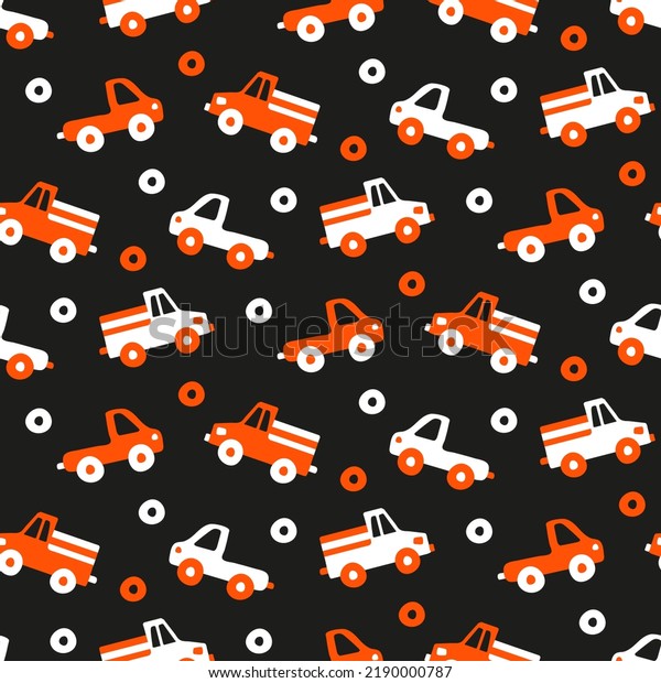Cars pattern for kids. Dark hand drawn transport\
print with orange, white trucks on black background for fabric\
seamless print. Vehicles for texture for children\'s outerwear,\
jackets, raincoats, bags.