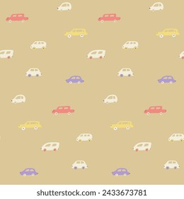 Cars pattern, pastel green blue and pink different cars wallpaper, seamless texture for nursery room.