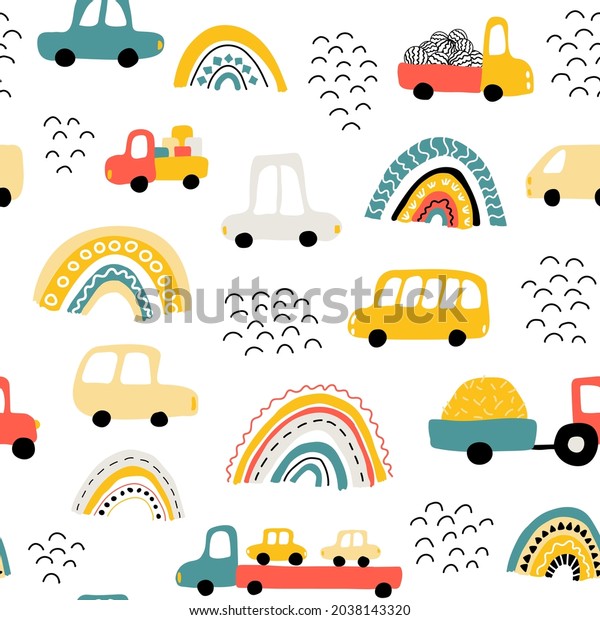 Cars pattern. Vector baby background.  Rainbow\
and trucks. Perfect for  wrapping paper, printing on the fabric,\
design package and cover for\
kids