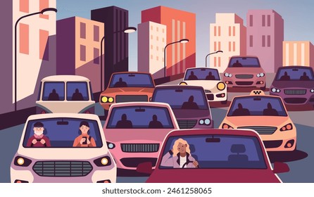 Cars with people stuck in traffic. Drivers and passengers, front view, urban transport collapse, waiting for movement, city landscape cartoon flat isolated illustration, tidy vector concept