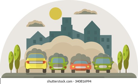 Cars pollute the environment. Smoke from cars covers the house and the sky. Pollution cloud. Vector flat  illustration. Image for Earth Day, World environment day.
