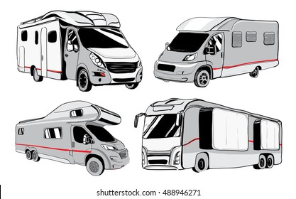 cars Recreational Vehicles Camper Vans Caravans Icons. Vector illustration. Motorhomes on white background. Car transport. Trailer object for camping design.