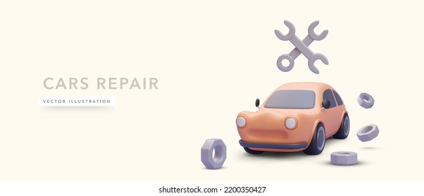 Cars repair concept banner with 3d realistic car isolated on yellow background. Vector illustration