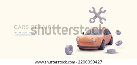 Cars repair concept banner with 3d realistic car isolated on yellow background. Vector illustration Сток-фото © 