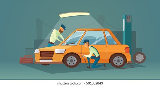 cars repair vector illustration. Workers in car service tire service and auto business. Cartoon garage