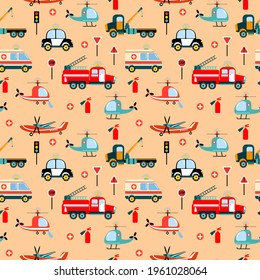 Cars are rescuers. Seamless pattern with rescue equipment. Design of fabrics, textiles, wallpaper, packaging, decoration of a children's room.	
