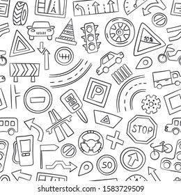 Cars, road objects, traffic signs and automobile symbols. Seamless pattern in doodle style. Vector illustration for driving school, car shops, auto parts store, service centers