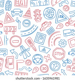 Cars, road objects, traffic signs and automobile symbols. Seamless pattern in doodle style. Vector illustration for driving school, car shops, auto parts store, service centers