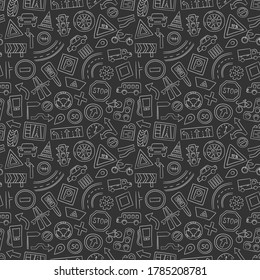 Cars, road objects, traffic signs and automobile symbols. Seamless pattern in doodle style. Hand drawn vector illustration. Chalkboard
