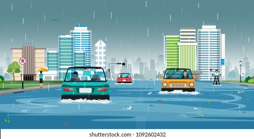 Cars are running on flooded streets in the city.