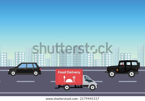 Cars running on the highway of an urban area\
vector. Tall buildings and cityscape background with vehicles\
running on the road. Food delivery concept with a van on a town\
road with buildings.