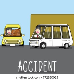 Cars rushed through the wall with speed on separate traffic with carelessness. Flat vector illustration style.