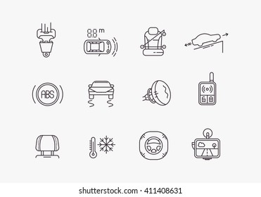 Cars safety line icons set. Automobile items. Thin line art design. 