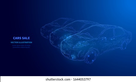 Cars sale concept. Cars rental concept. Low poly wireframe digital technology innovation vector illustration. Three abstract blue cars on dark background. Polygons, lines, particles and connected dots