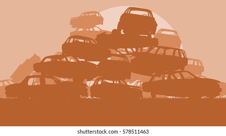 Cars in salvage junkyard in evening with sunset vector background
