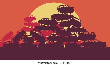 Cars in salvage junkyard in evening with sunset vector background