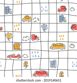 Cars seamless hand-drawn pattern. Children print for clothes, wallpaper, background. Vector illustration.