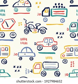 Cars seamless pattern. Child vector illustration of road traffic. Decor for fabric and paper.