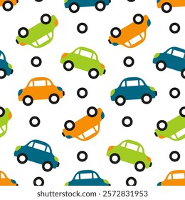 Cars seamless pattern. Children's transport background. Repeating print with limited color range is specially designed for production of kids fabrics. Bright green, orange vehicles on white wallpaper.